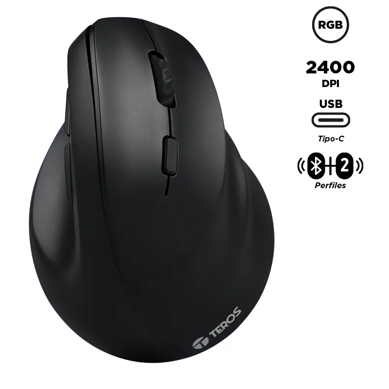 Mouse Teros TE-5169N, Inalámbrico Doble Modo: 2.4G+Bluetooth, 2400 DPI, Vertical, Negro
