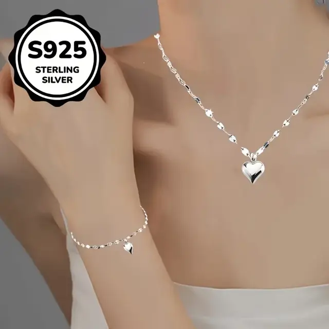 Collar y Pulsera chic con dije de corazón Plata 925