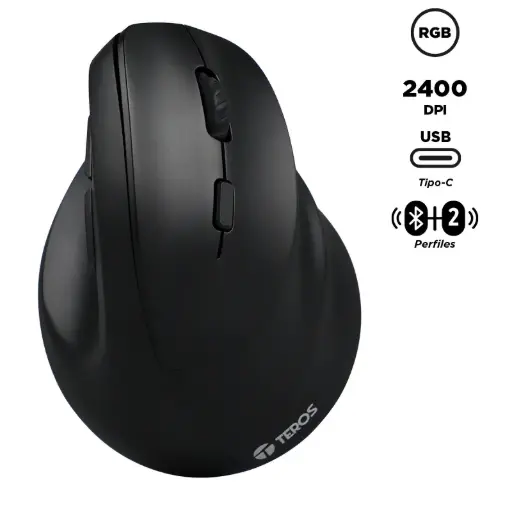 [THMOU007] Mouse Teros TE-5169N, Inalámbrico Doble Modo: 2.4G+Bluetooth, 2400 DPI, Vertical, Negro